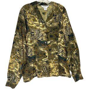 Vintage Annie Alexander Green Silk‎ Button-Up Shirt w/Map Design Women's Size 12